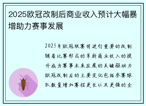2025欧冠改制后商业收入预计大幅暴增助力赛事发展